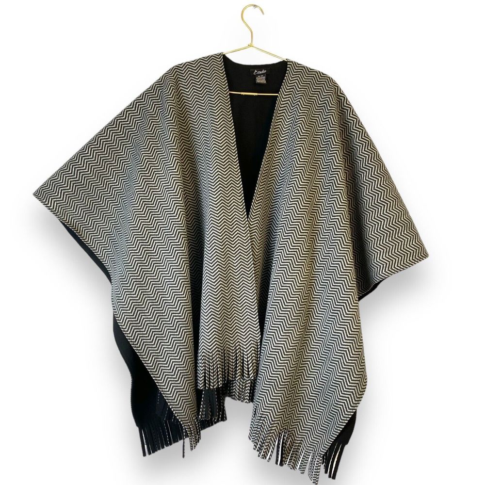 E Studio Kimono Poncho Women's One Size Black White Thick Warm Wrap 188